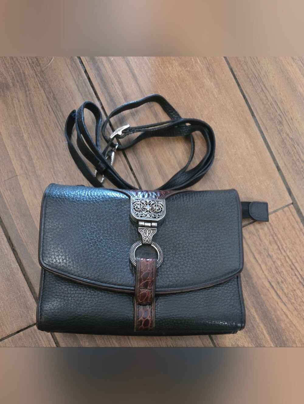 Brighton Vintage Black Leather Organizer Crossbody Bag & Croc Print Accent